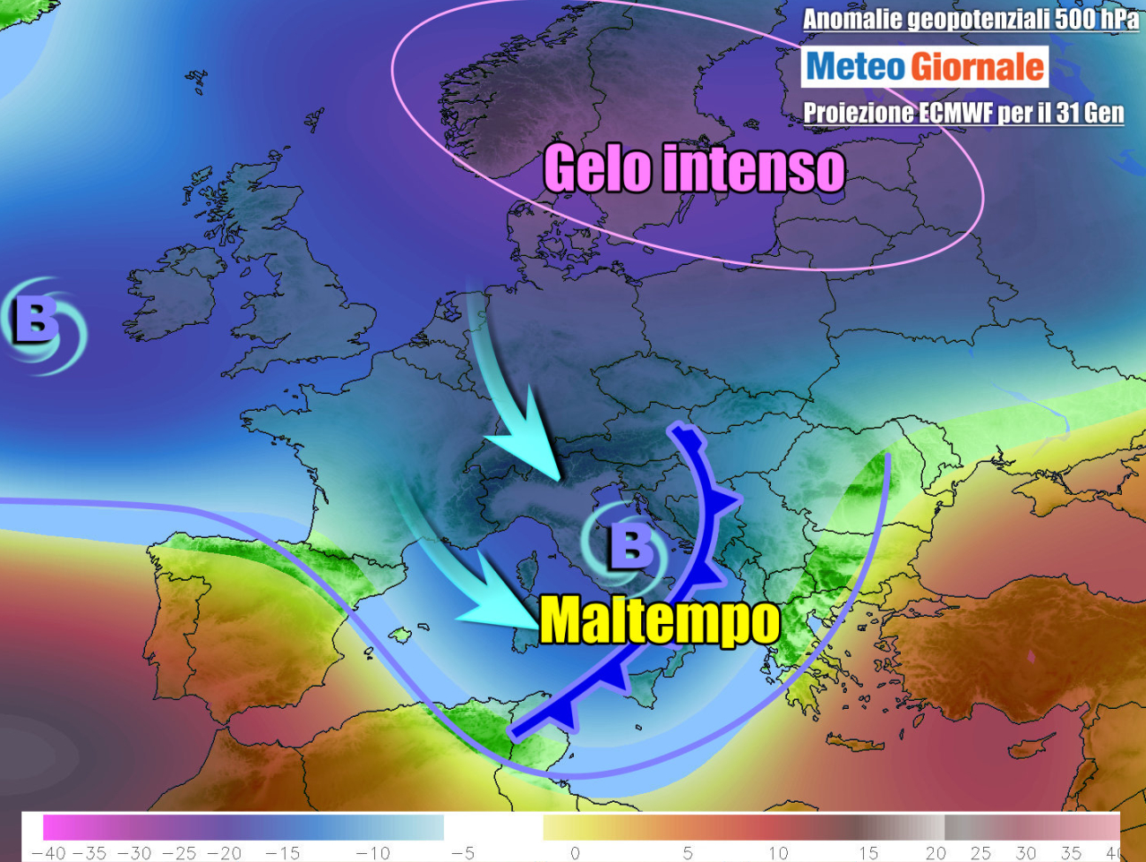 Il passaggio del fronte freddo, con relativo vortice, tra sabato e domenica