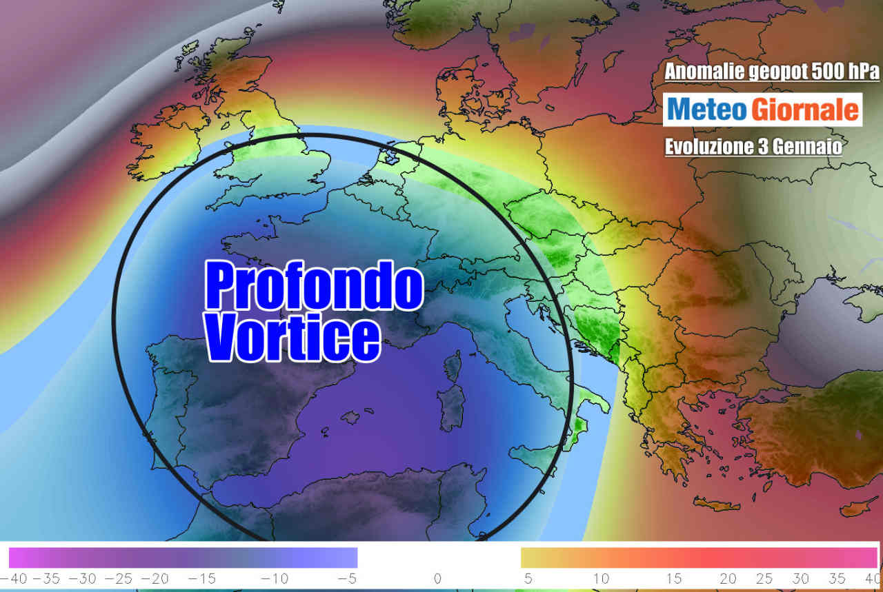 Anomalie dei geopotenziali a 500 hPa per domenica 3 Gennaio