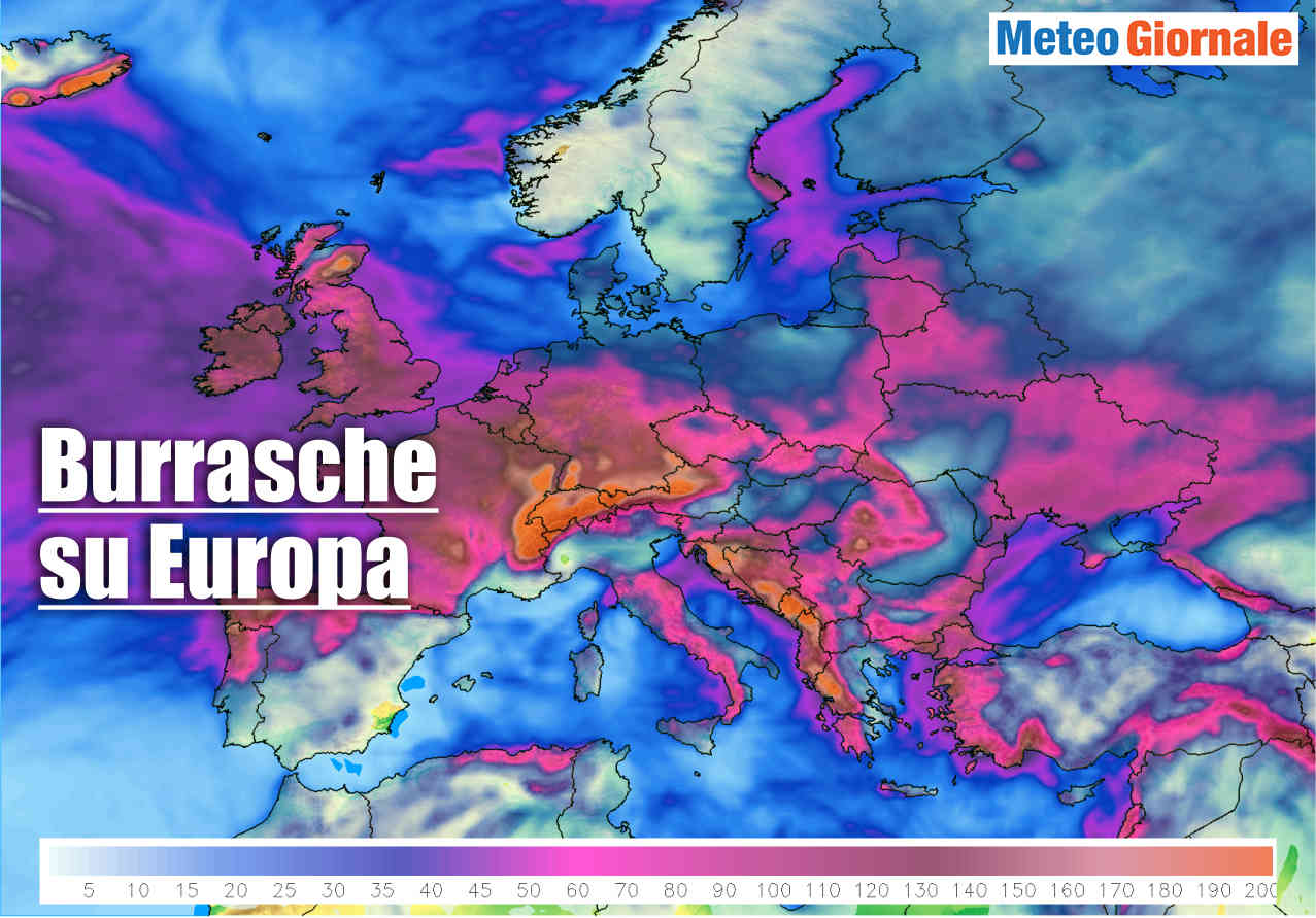 Mappa precipitazioni sino 10 febbraio 2021. In violetto le aree con maggior maltempo.