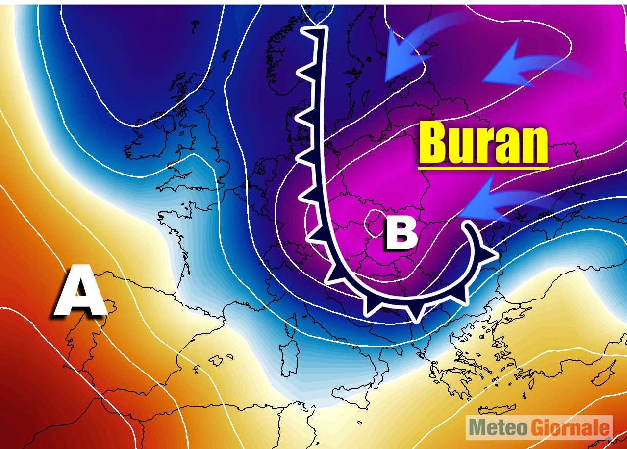 Buran meteo di Febbraio. Nella fattispecie, è una mappa del modello matematico GFS proposta per il 18 Gennaio, da confermare. Ma Febbraio è il mese di picco di tali eventi.