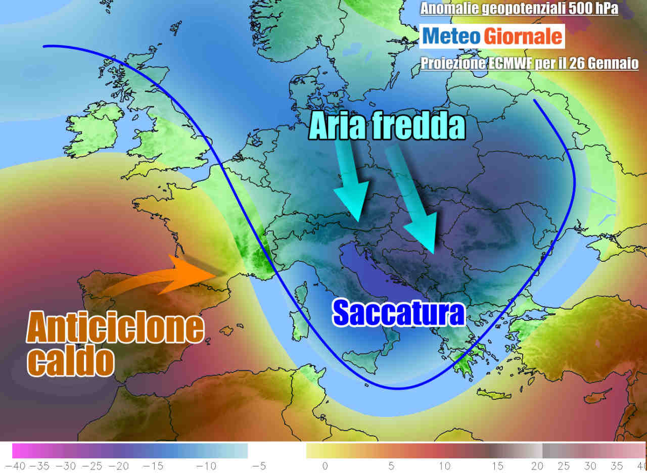 Evoluzione d'inizio settimana, con aria fredda in arrivo verso l'Italia