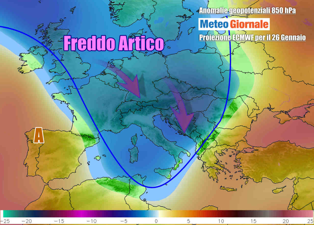 Le anomalie termiche a 850 hPa riferite a martedì 26 gennaio, momento in cui irromperà l'aria più fredda su tutta Italia