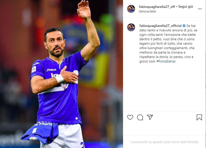 Il messaggio d'amore di Quagliarella per la Sampdoria