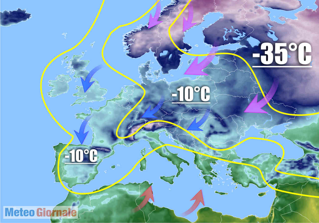 Meteo gelido siberiano che avanza, al contempo, aria polare su Europa.