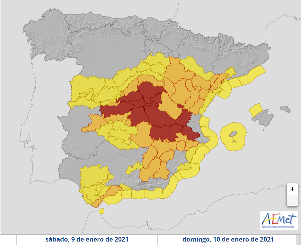 Allerta meteo sino a rossa in Spagna, emesso da aemet.es (servizio meteo nazionale).