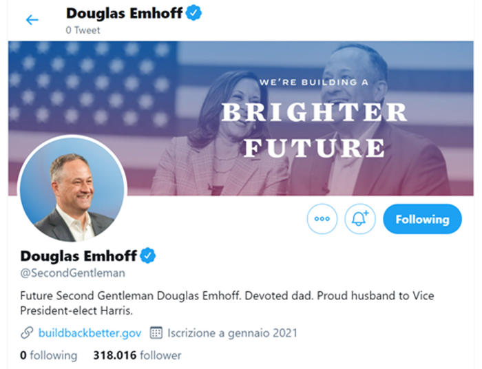 Usa: marito Harris sarà @SecondGentleman su Twitter