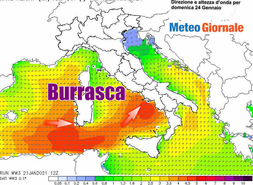 Le mareggiate previste tra Tirreno e Isole Maggiori nella giornata di domenica 24 Gennaio