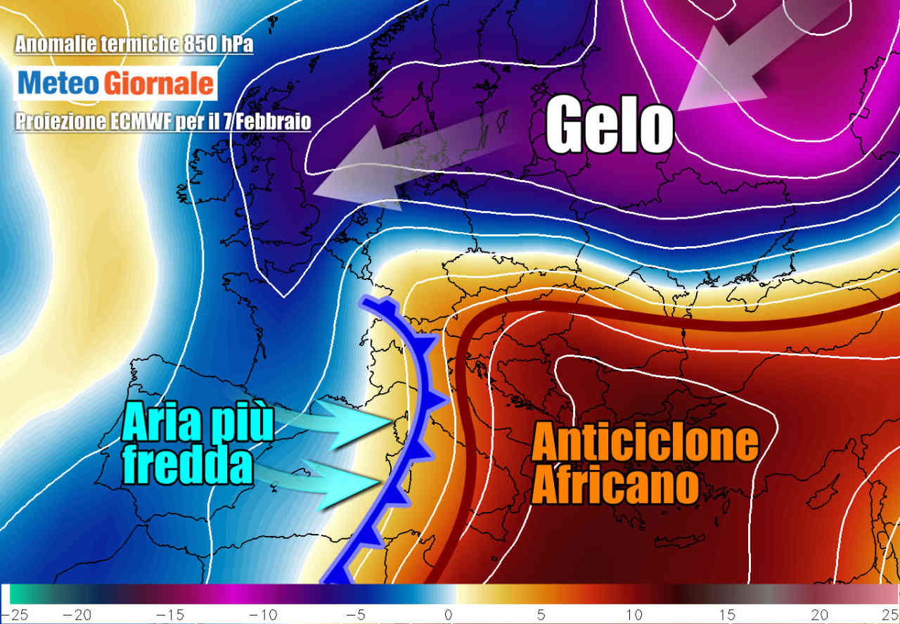 Evoluzione prevista per domenica 7 febbraio, con l'avanzata dell'aria più fresca da ovest