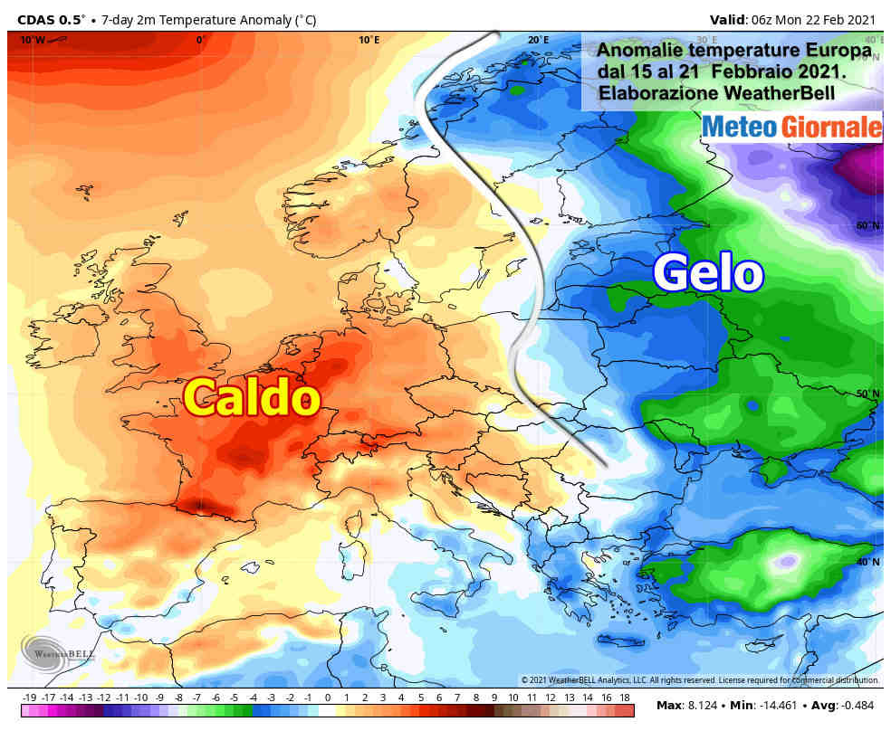 Anomalie temperature tra il 15 e il 21 Febbraio 2021 in Europa