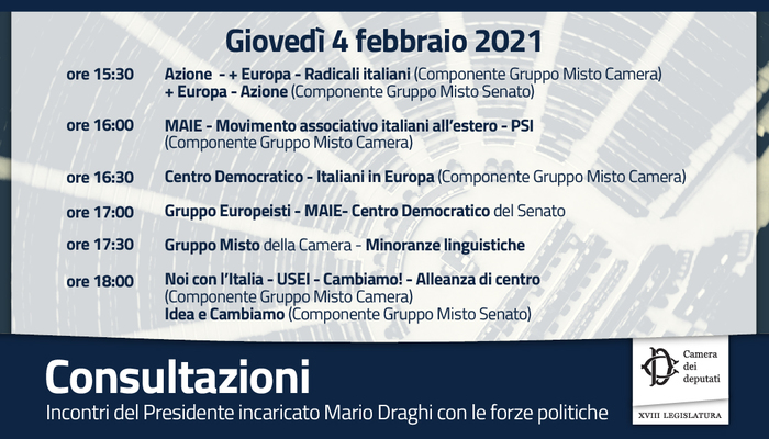 Draghi, consultazioni al via. Si parte oggi, si chiude sabato. Il calendario