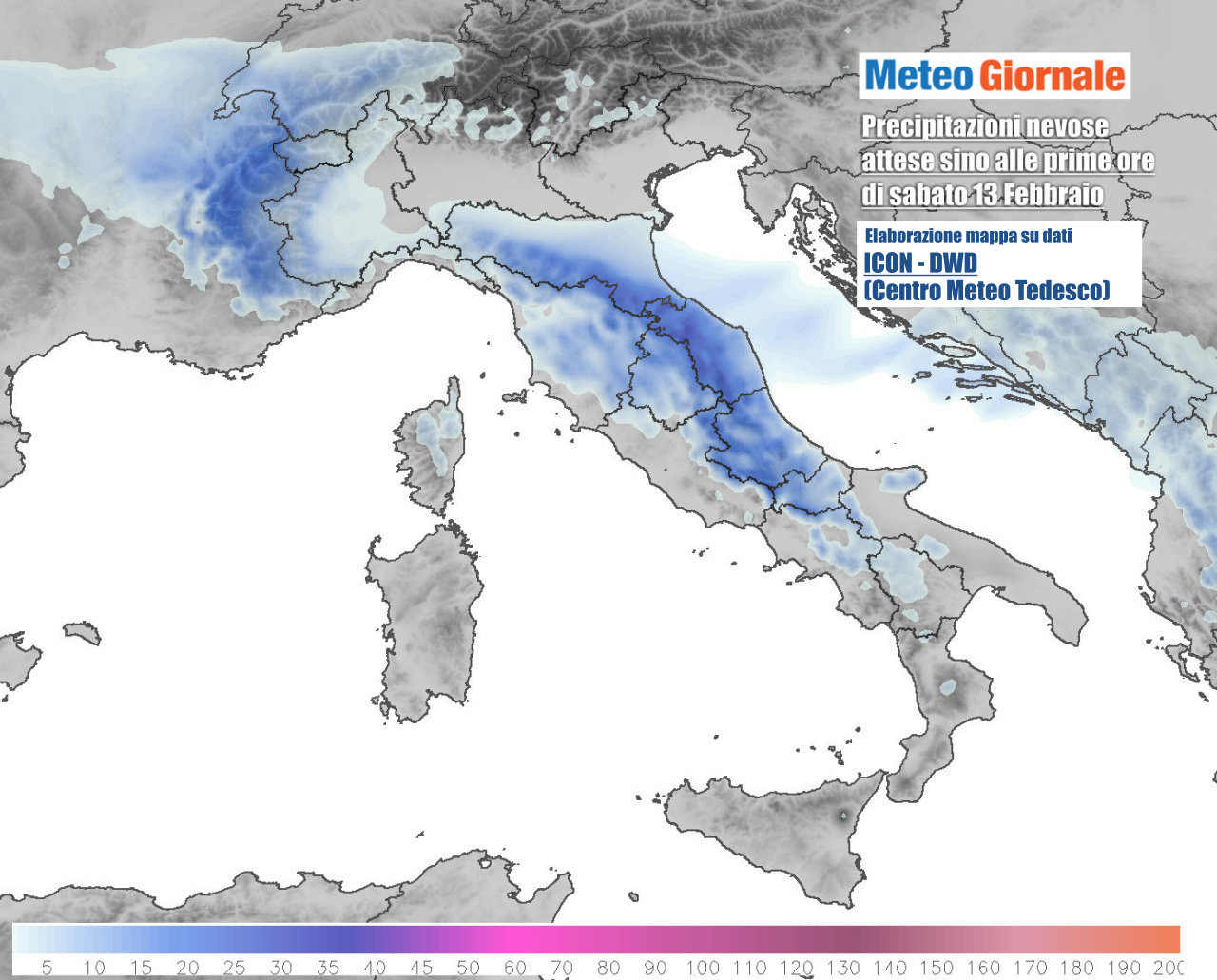 La distribuzione delle precipitazioni nevose previste sino alle prime ore di sabato. Dati Icon