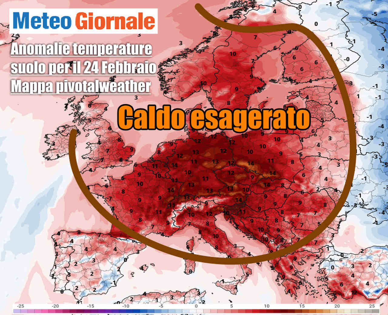 Il divario delle temperature previste per il pomeriggio del 24 settembre rispetto a quelle tipiche del periodo. Fonte mappa GFS pivotalweather.com