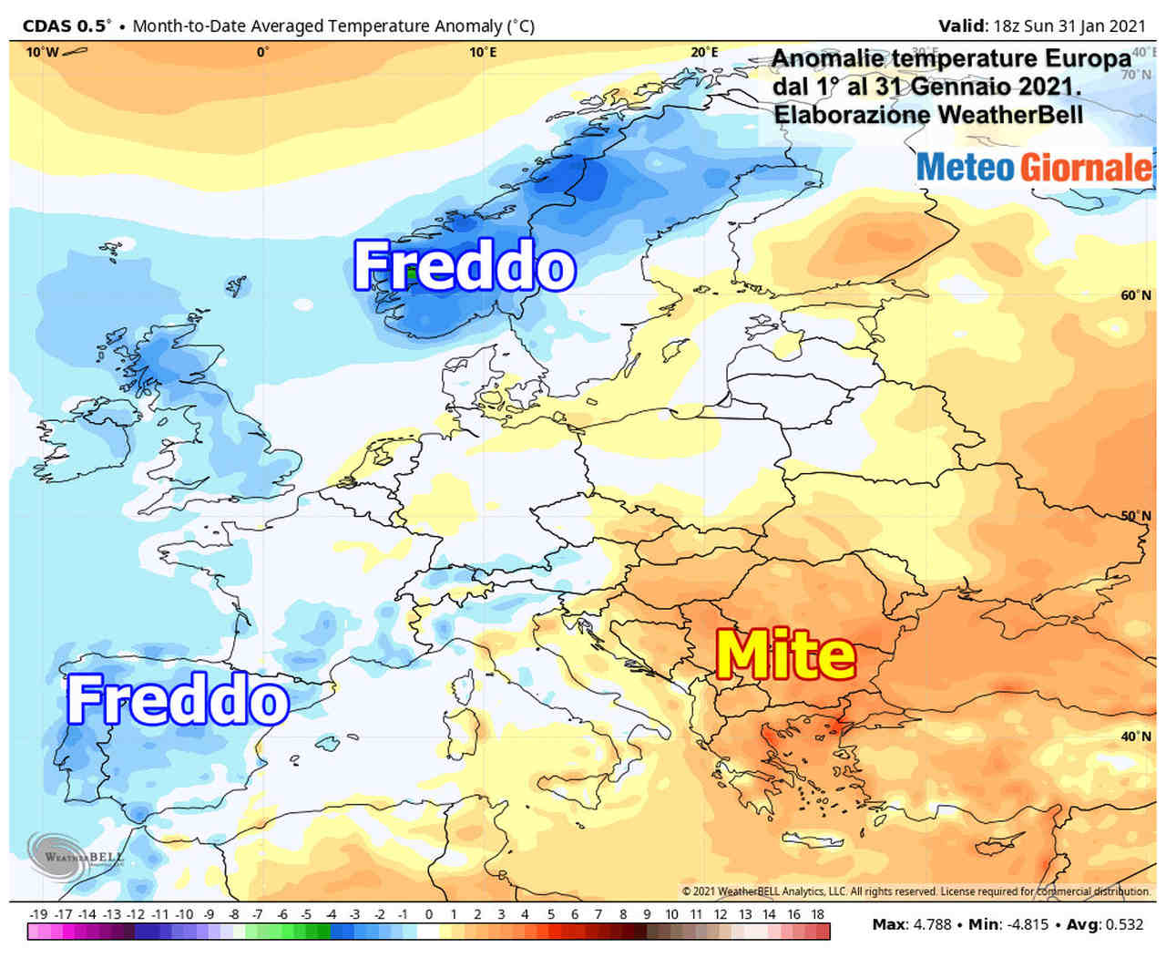 Anomalie termiche di Gennaio in Europa