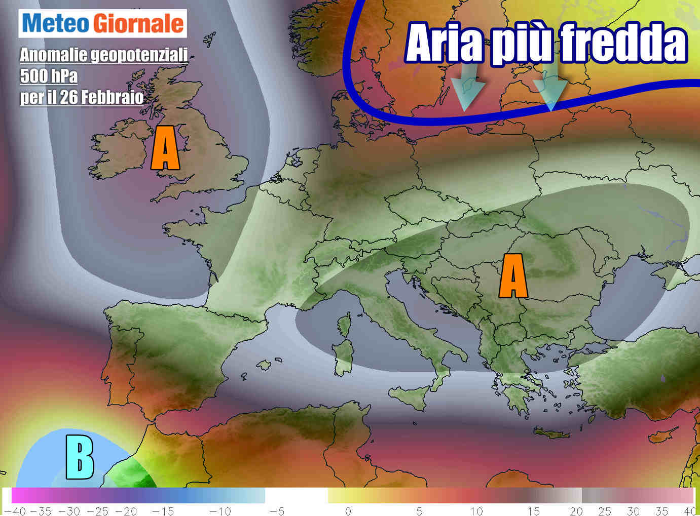 Evoluzione per la seconda parte della settimana, con l'anticiclone in cedimento dal Nord Europa