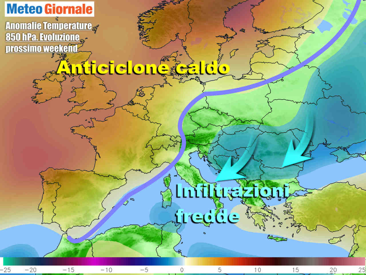 Evoluzione nel corso del weekend, con l'anticiclone che lascerà spazio ad interferenze d'aria più fredda da nord/est