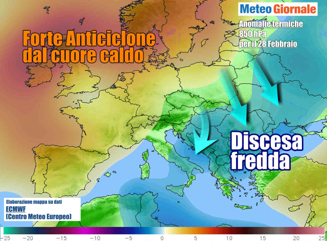 Le anomalie termiche attese a fine febbraio, con aria più fredda che punterà i Balcani e il Sud Italia