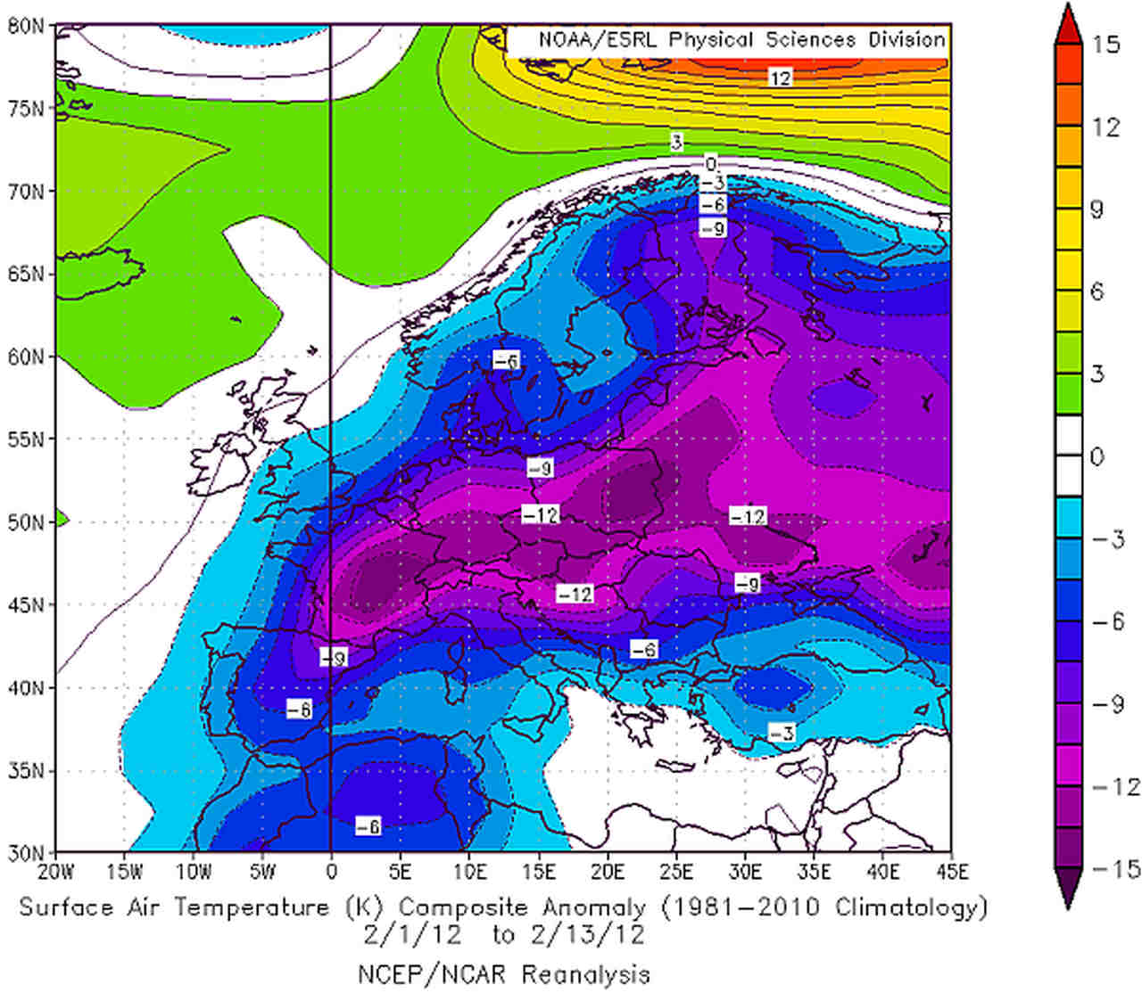 Le anomalie di temperatura rispetto alla norma climatologica (1981-2010) misurate nel periodo di giorni compreso fra l'1 ed il 13 febbraio 2012. Fonte NOAA. 