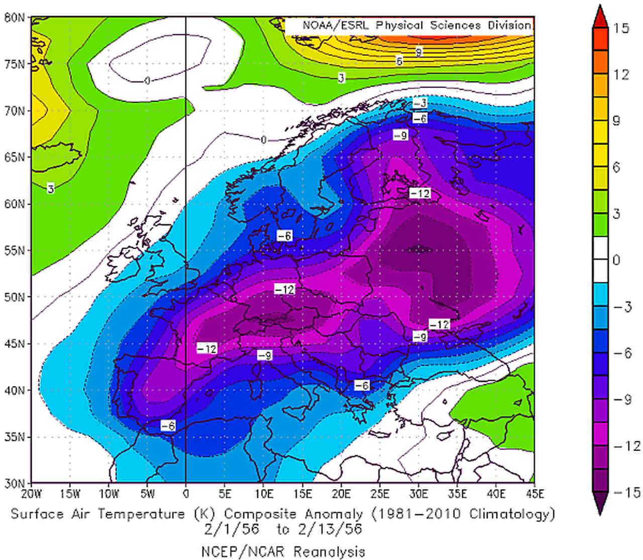 Le anomalie di temperatura rispetto alla norma climatologica (1981-2010) misurate nel periodo di giorni compreso fra l'1 ed il 13 febbraio 1956. Fonte NOAA.