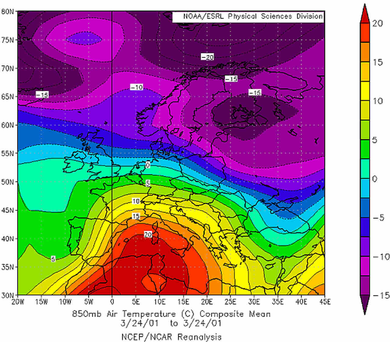 L'invasione calda africana del giorno 24 Marzo 2001, con isoterme fino a +20°C sulle due Isole Maggiori a 1500 metri d'altezza, valori degni di una vera ondata di gran caldo estivo. Nello stesso frangente prevaleva il gelo sull'Europa Nord-Orientale. Fonte NOAA.