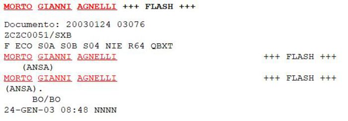 Gianni Agnelli, la notizia della morte in un flash ANSA