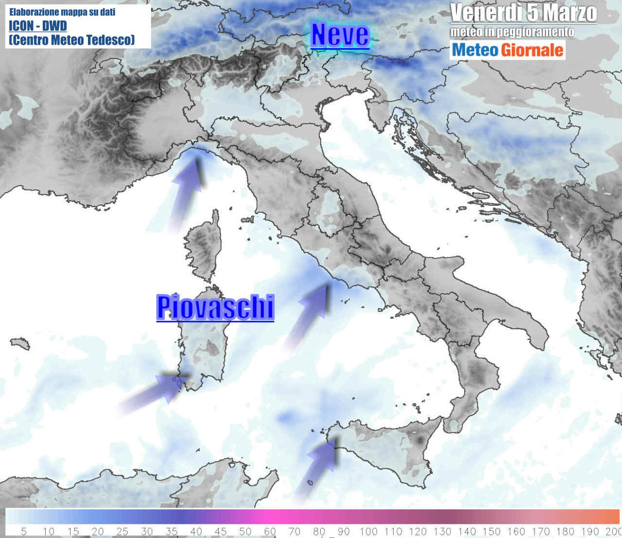 Le prime deboli precipitazioni attese nel corso di venerdì 5 Marzo