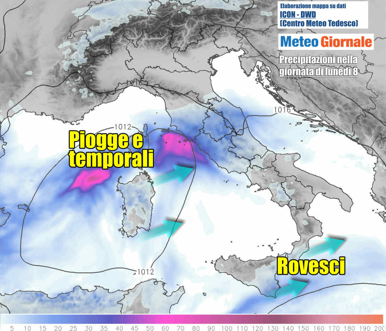 Le piogge previste ad inizio settimana prima al Centro e poi al Sud Italia