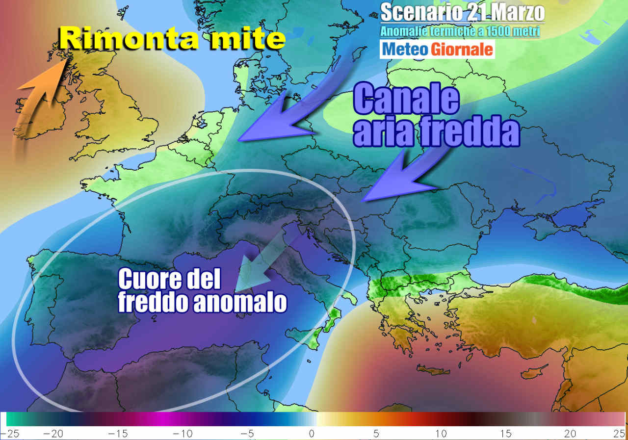 Le anomalie termiche a 1500 metri, riferite alla situazione, descrivono la situazione fortemente anomala sull'Italia e sul Mediterraneo