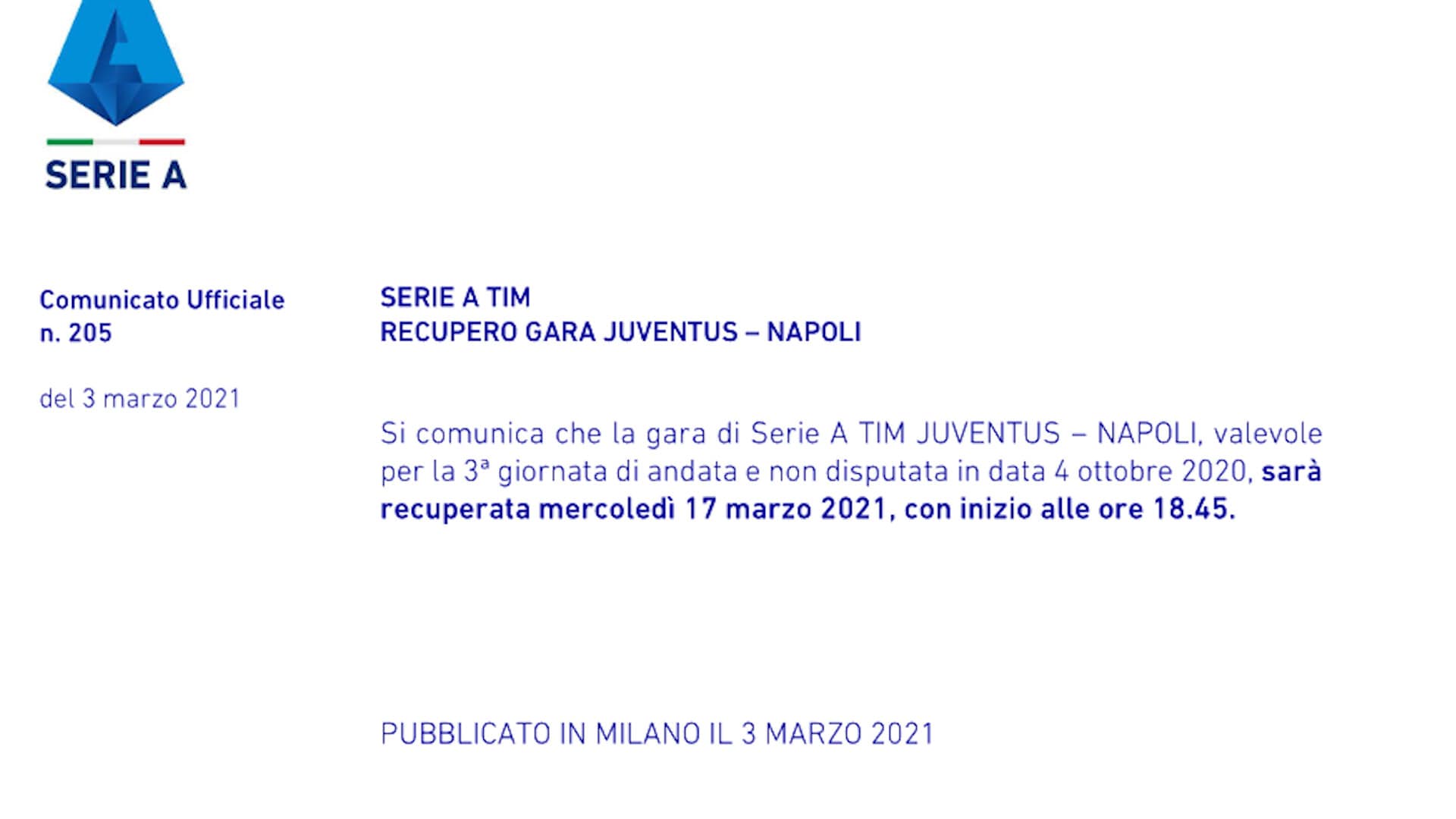 Ufficiale: il recupero Juve-Napoli si giocherà il 17 marzo alle 18.45