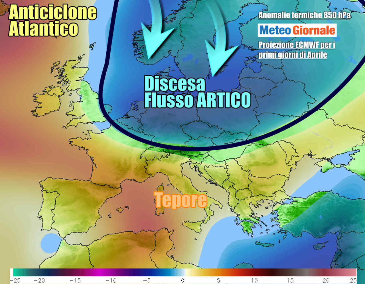 Scenari per inizio aprile, con aria fredda in discesa sull'Europa poco prima di Pasqua