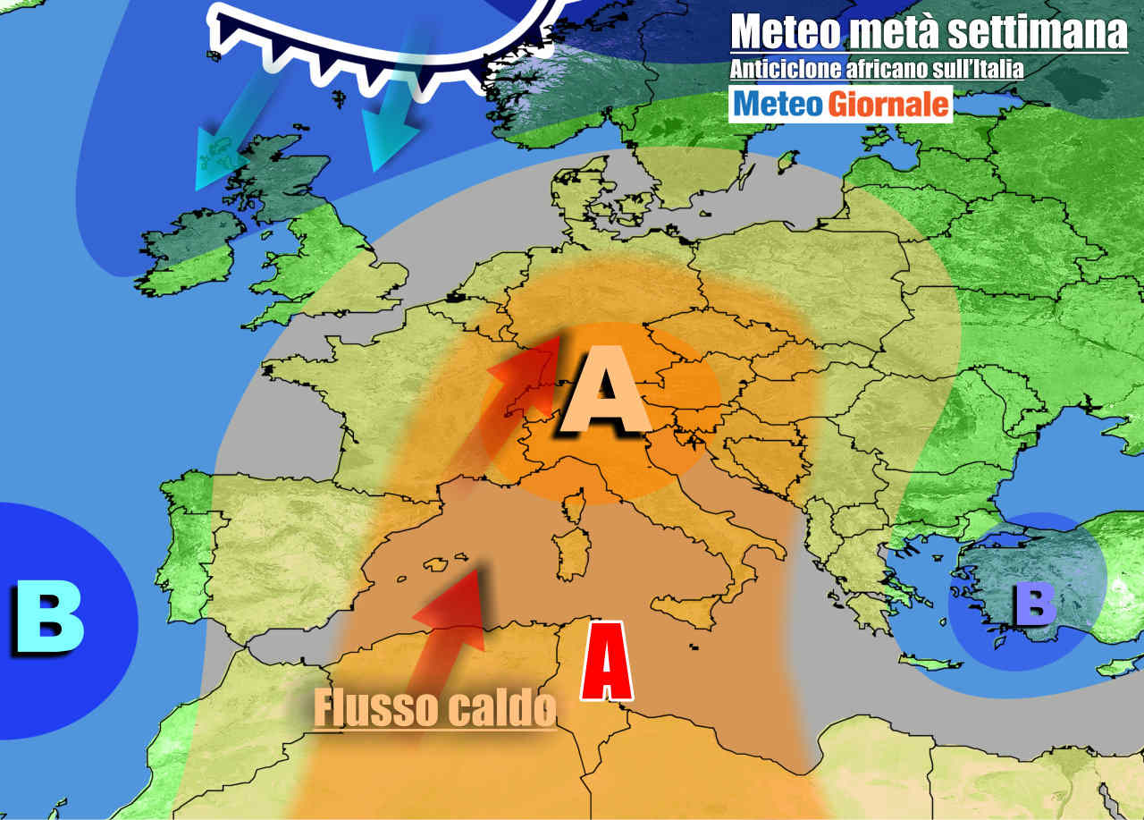 Anticiclone africano ai massimi sull'Italia e su mezza Europa a metà settimana