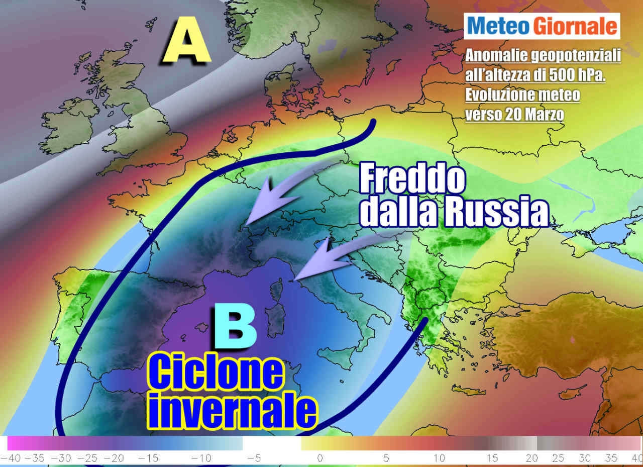 Le anomalie della pressione in quota evidenziato bene il ciclone che si scaverà sul Mediterraneo, alimentato da aria fredda dall'Europa Nord-Orientale