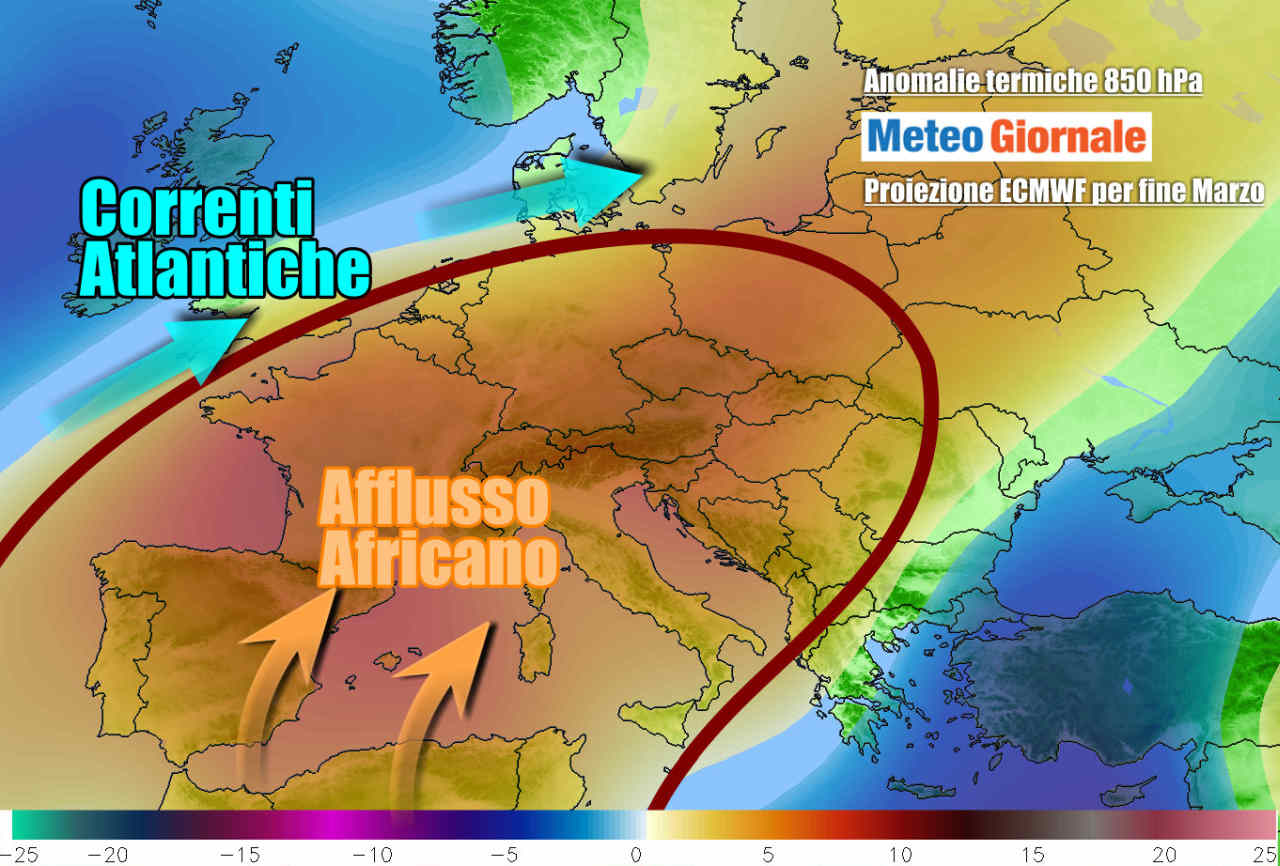 Evoluzione meteo per fine mese, con il clima più caldo del normale su parte dell'Europa, compresa l'Italia