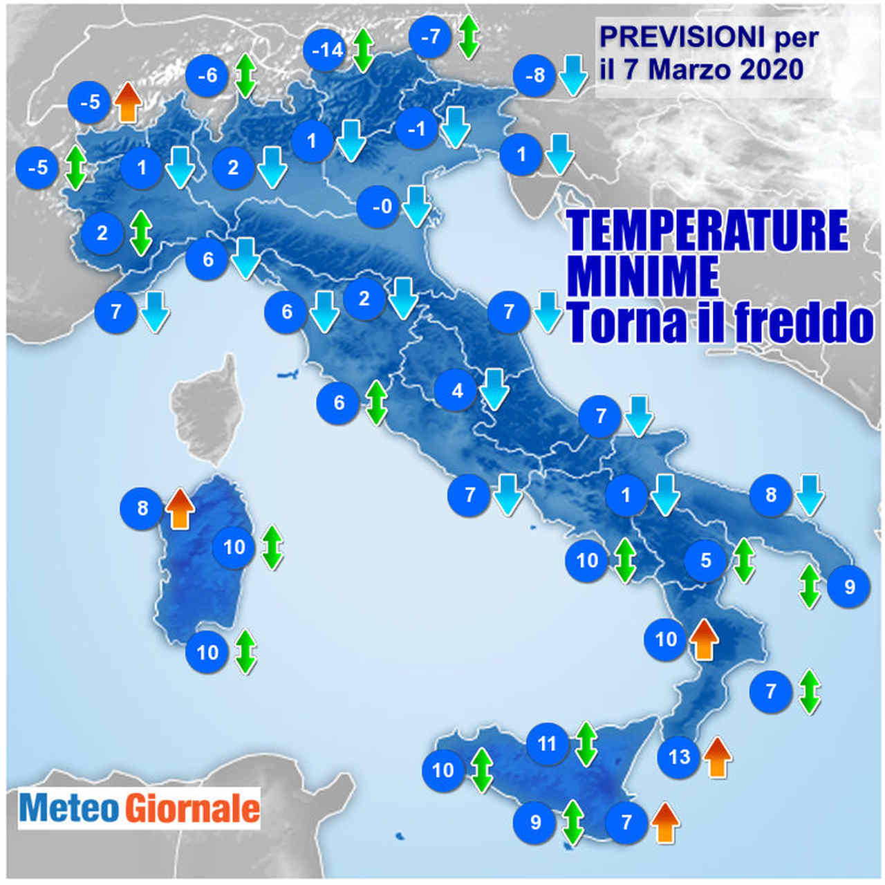 I valori minimi previsti domenica 7 Marzo, in forte calo