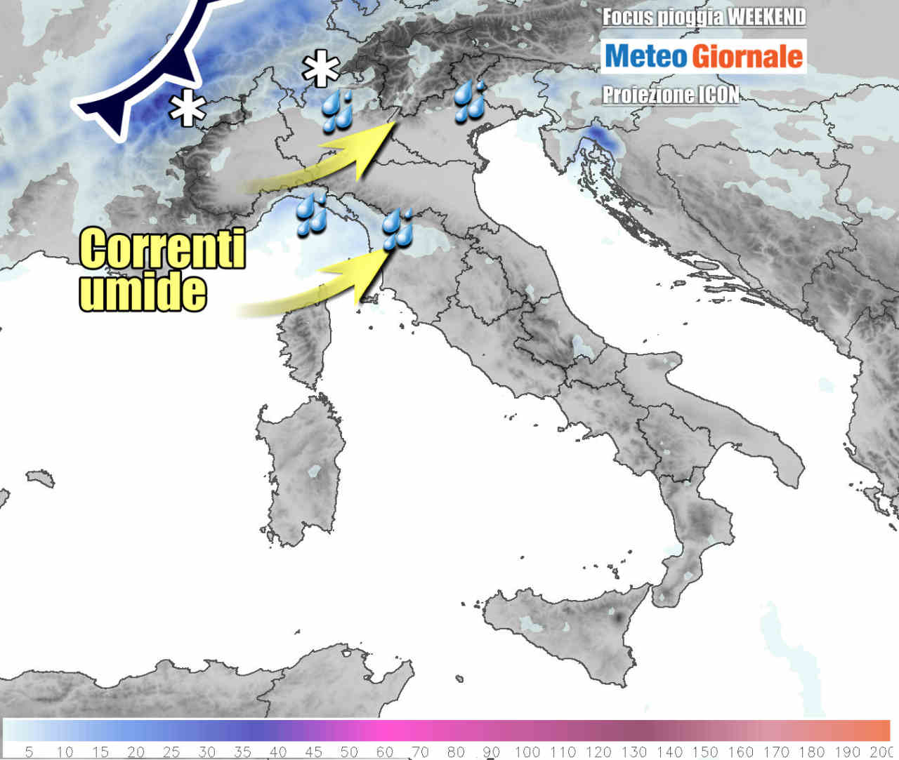 Il dettaglio delle precipitazioni previste sul finire della settimana