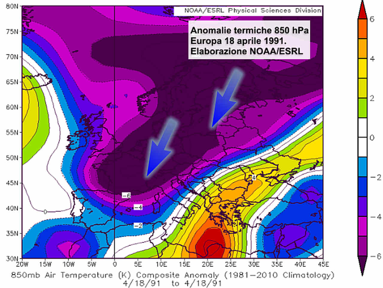 Il freddo del 18 aprile 1991, con le anomalie rispetto alla norma delle isoterme all'altezza di 850 hPa. Fonte NOAA.