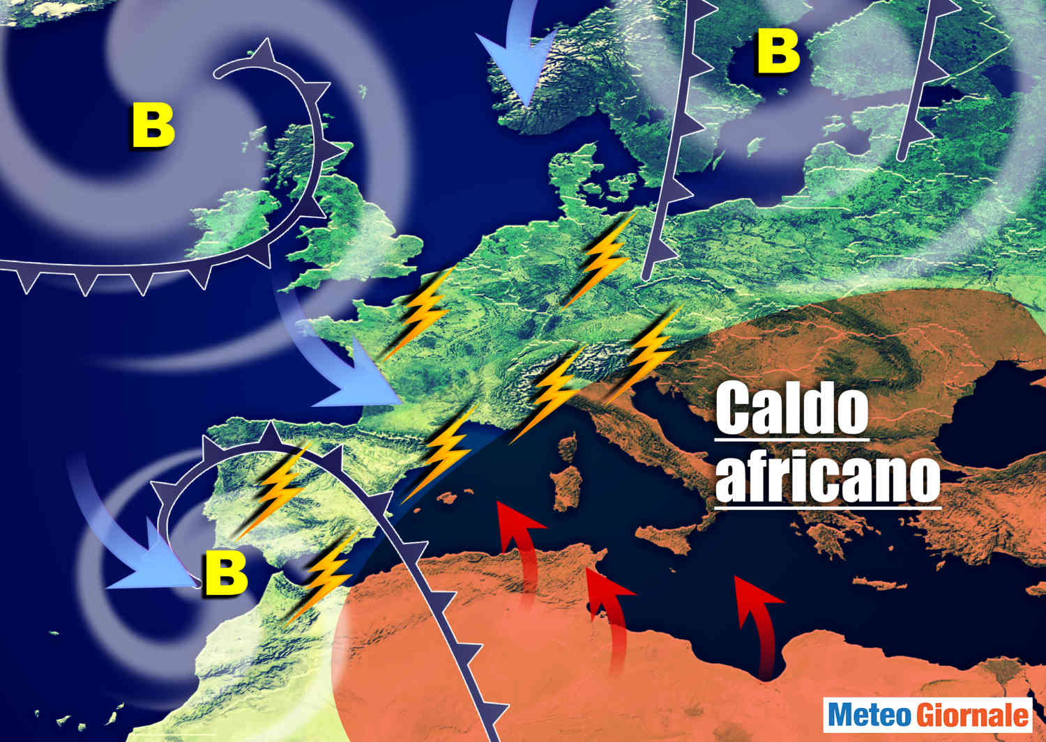 Meteo con caldo africano e temporali.