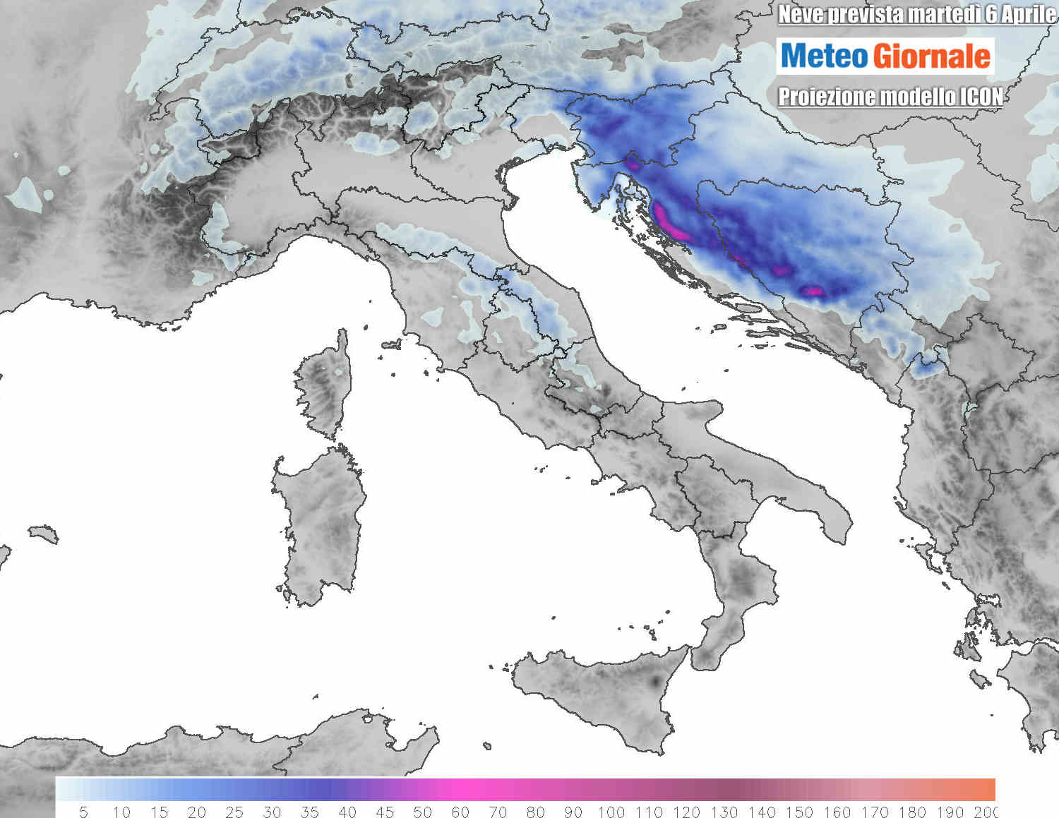 Le nevicate attese nel corso di martedì 6 Aprile