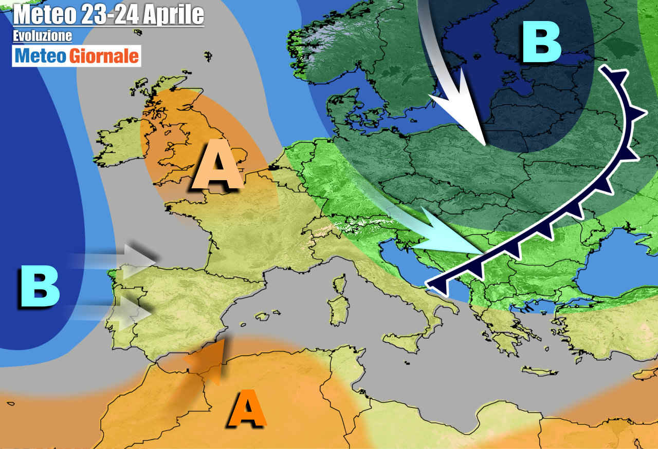 Tendenza meteo verso il fine settimana, con l'anticiclone che farà capolino verso l'Italia