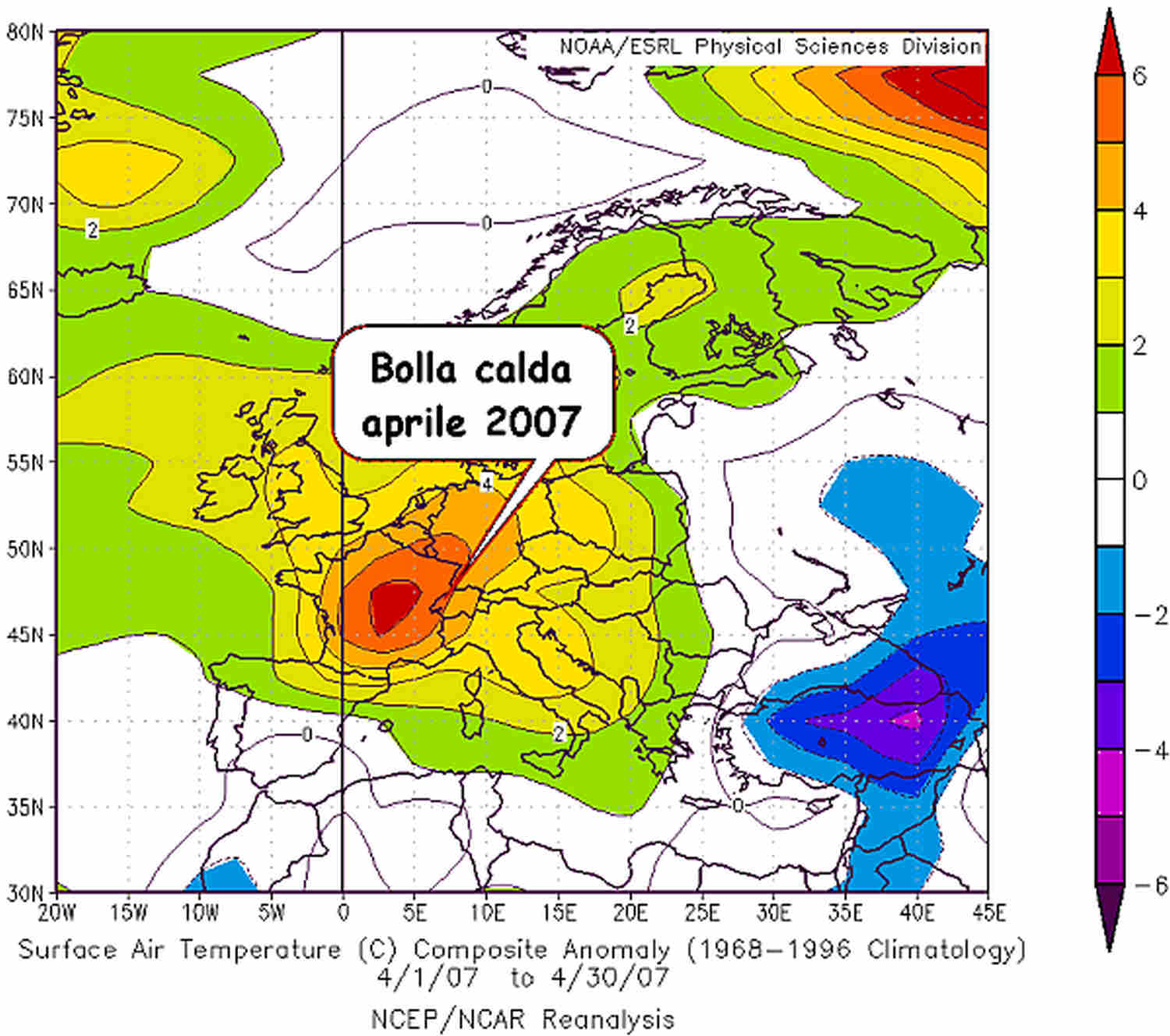 Le anomalie di temperatura sull'Europa nell'aprile del 2007: in Italia è stato il mese più caldo dal 1951, ma come vediamo i massimi di anomalia si concentrarono sulla vicina Francia, con punte di 7-8 gradi sopra la norma. Fonte dati NOAA.