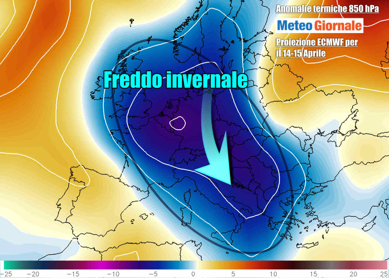 Le anomalie termiche in quota, a circa 1500 metri di quota, previste a metà settimana