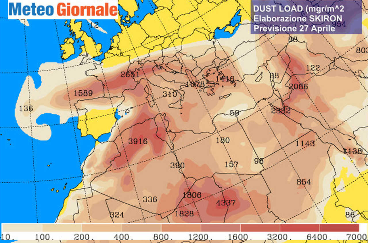 Concentrazione pulviscolo attesa nella notte tra lunedì 26 e martedì 27. Fonte mappa University of Athens