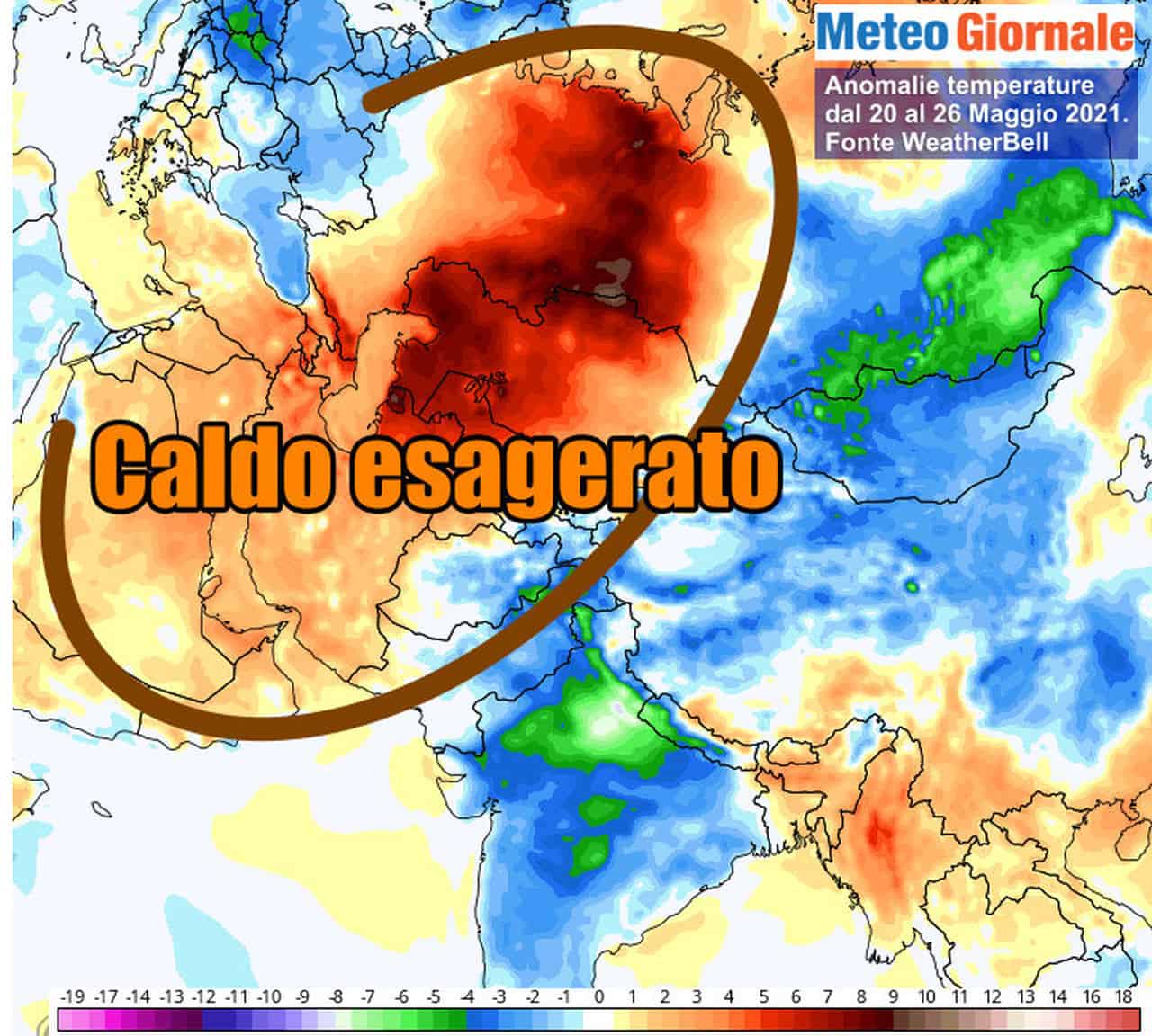 Nella cartina le anomalie termiche dell'ultima settimana evidenziano la gran calura in vaste zone tra Medio Oriente, Kazakhstan e parte della Russia