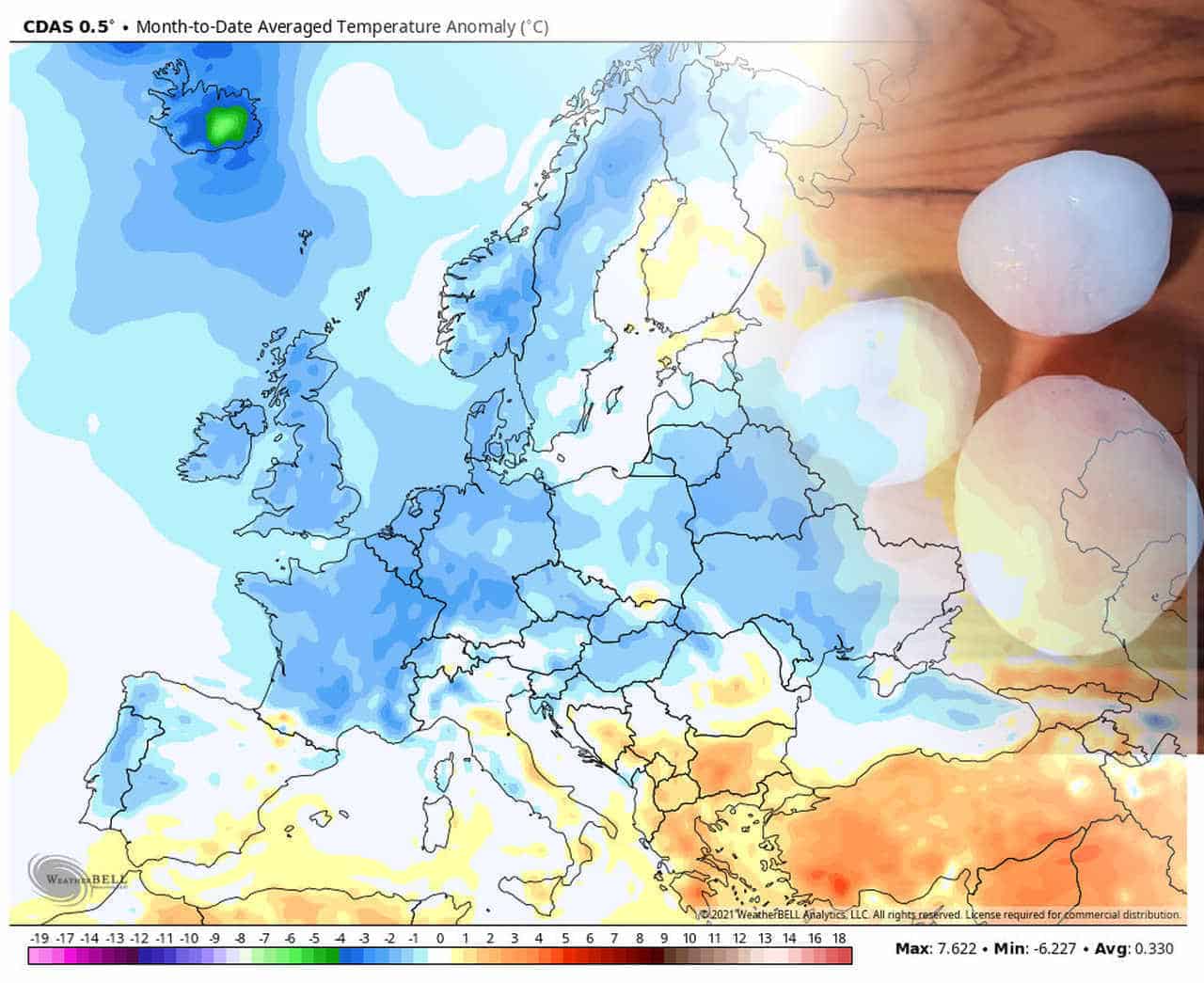 Anomalie termiche di maggio in Europa, con temperature sotto media. Caldo ma anche grandinate distruttive in Russia