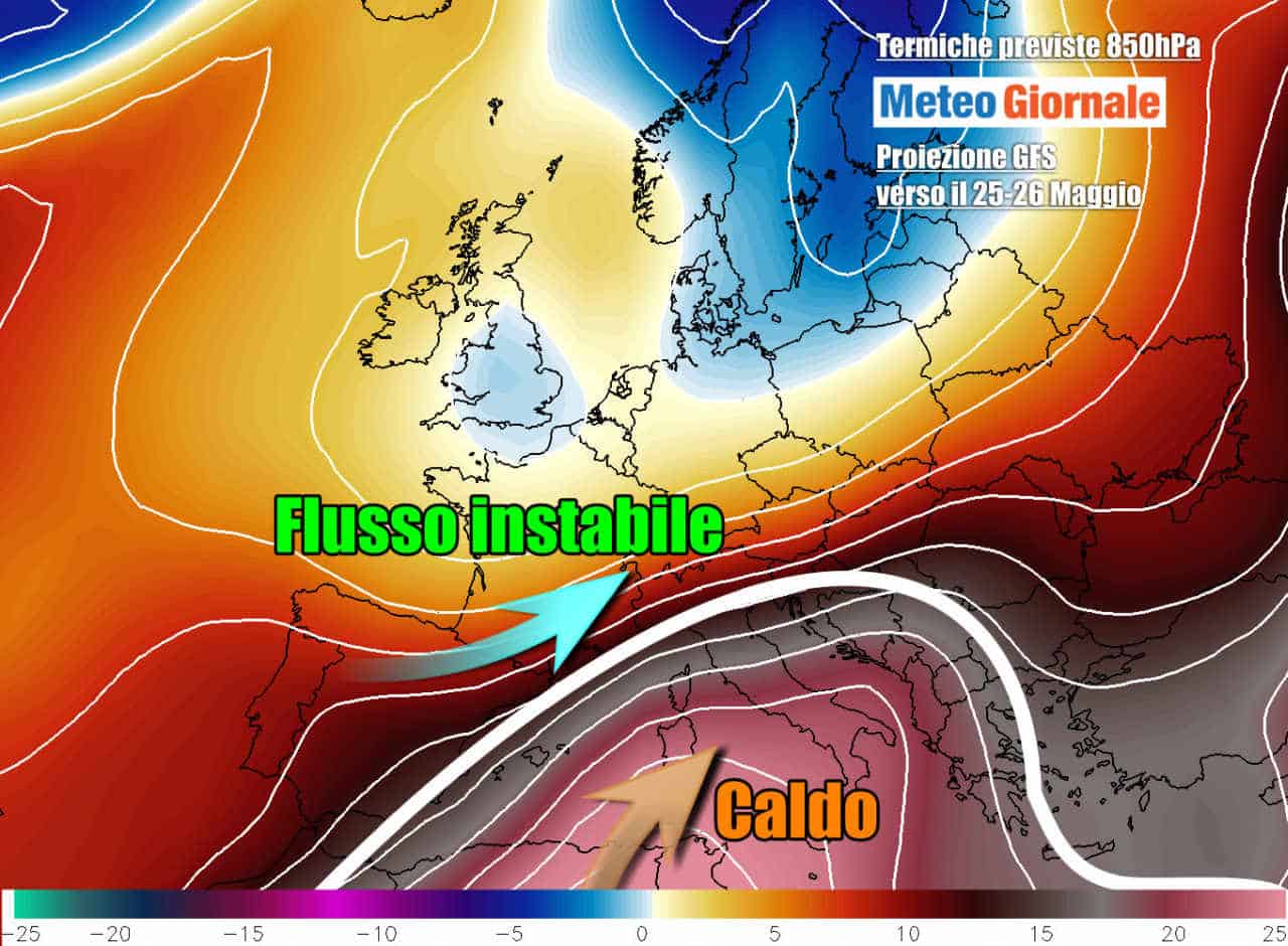 Possibile scenario meteo nel corso della prossima settimana, con l'anticiclone caldo africano su gran parte d'Italia