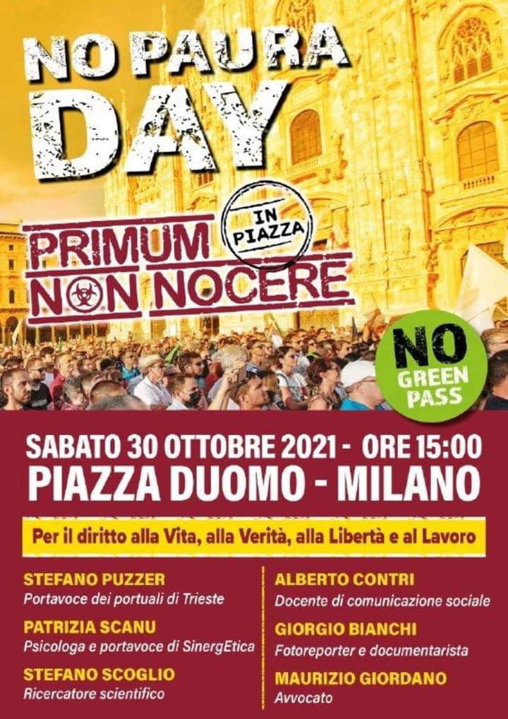 Evento No Green Pass organizzato da: No Paura Day e Primum Non Nocere