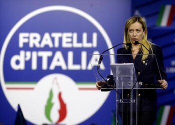 La Presidente di Fratelli d'Italia Giorgia Meloni alla conferenza programmatica di Fratelli d'Italia al Mi.Co. a Milano, 29 aprile 2022.ANSA/MOURA