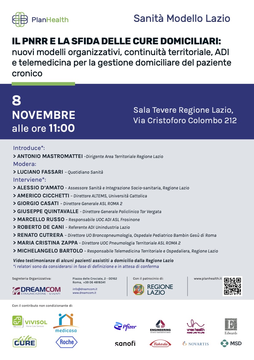 Sanità Lazio, martedì 8 convegno su Pnrr e sfida cure domiciliari