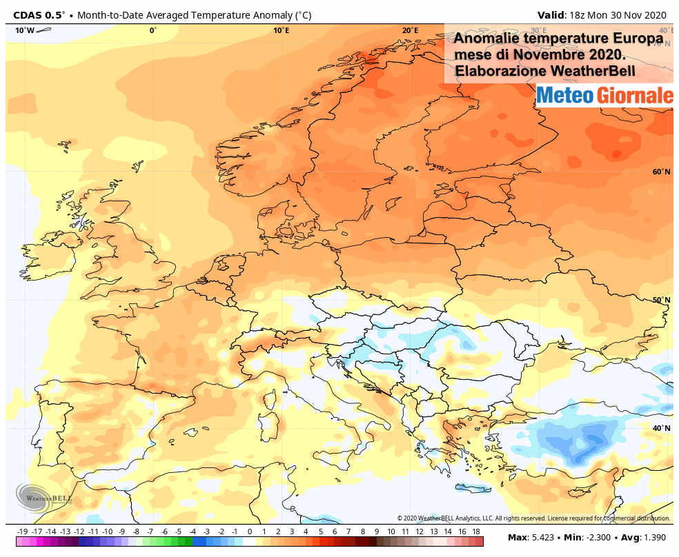 Le anomalie termiche di novembre in Europa