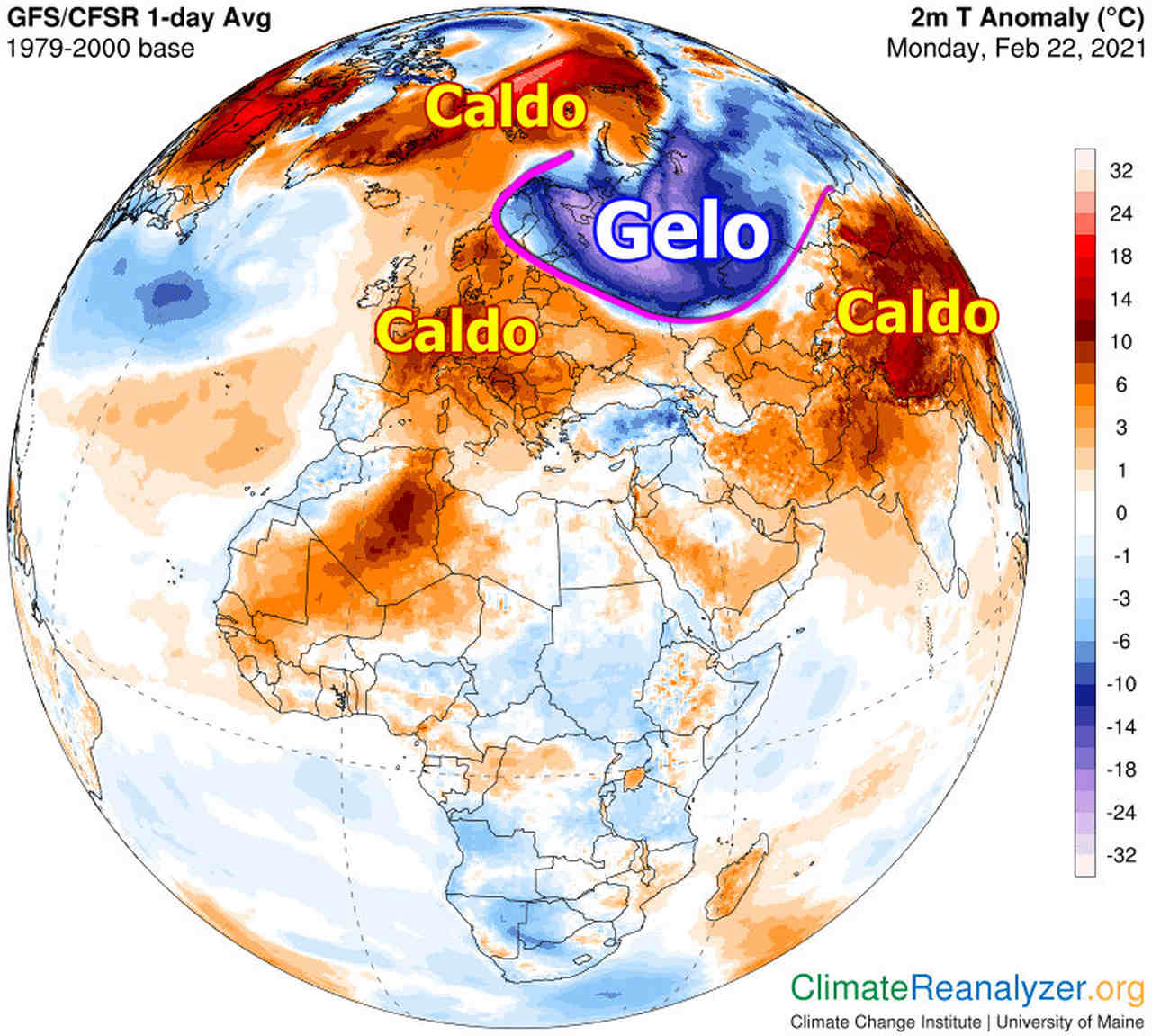 Le anomalie termiche alla data del 22 febbraio a livello del suolo in Europa, Africa e Asia