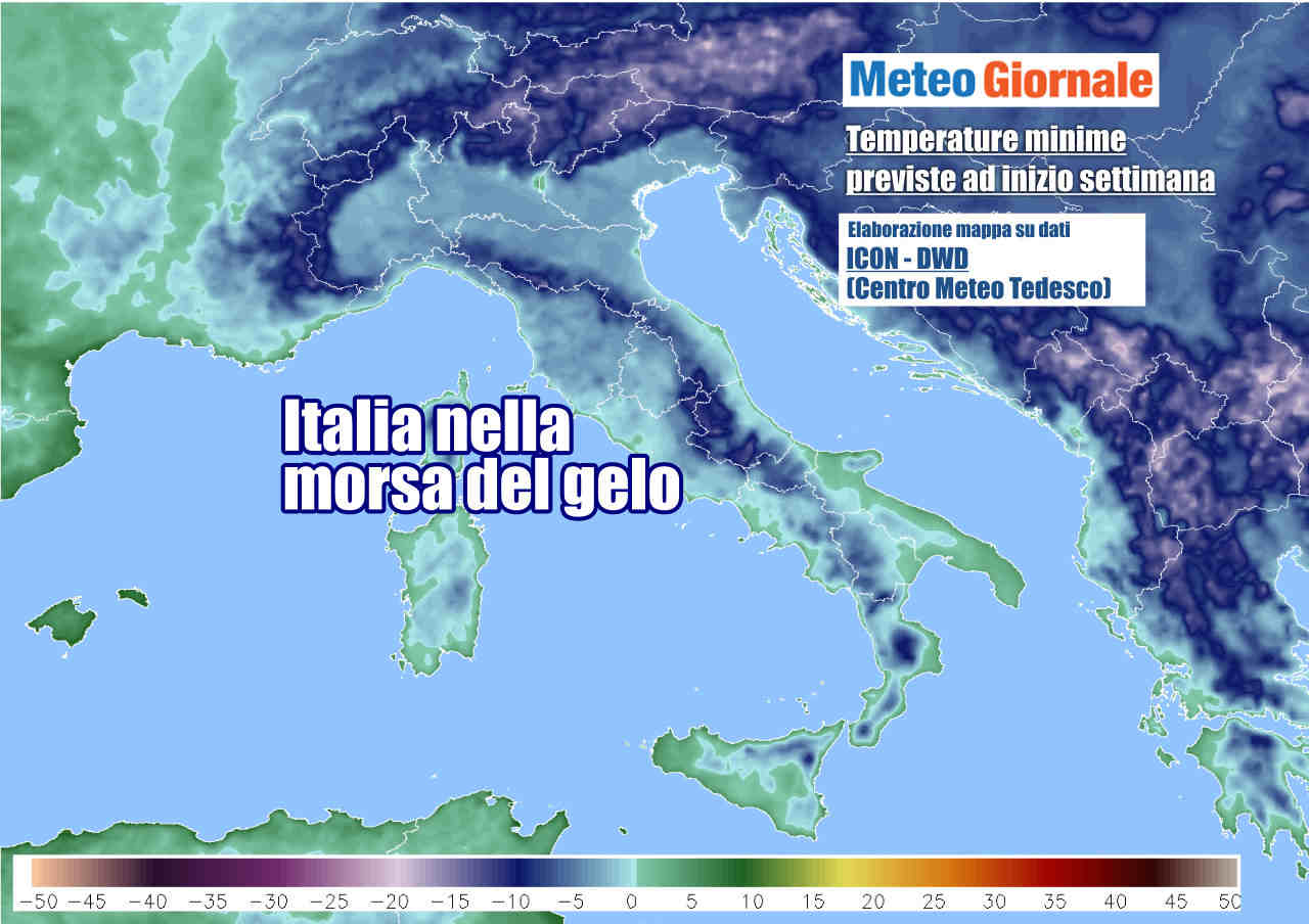 Le temperature più basse previste ad inizio settimana, con l'Italia sottozero al Centro-Nord e zone interne del Sud